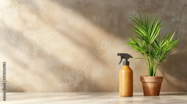 Fototapeta A stylish spray bottle sits next to a vibrant potted plant, creating an inviting and fresh atmosphere, perfect for home decor and gardening enthusiasts.