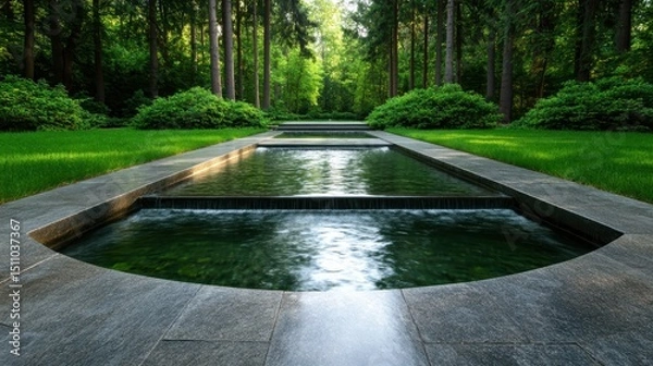Fototapeta A serene garden stream flows gently through a lush green forest, showcasing the beauty of nature and providing a peaceful atmosphere for relaxation and contemplation.