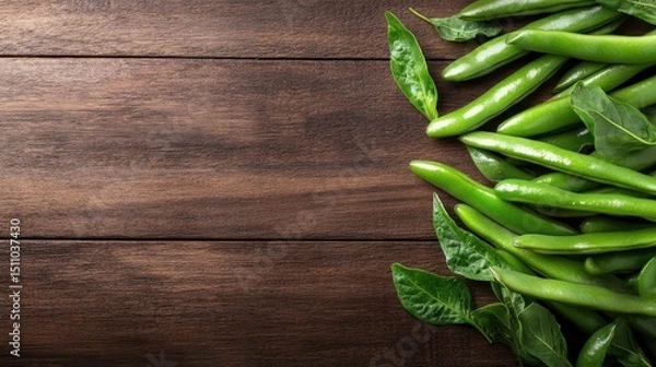 Fototapeta A vibrant display of fresh green beans lies on a rustic wooden table, emphasizing natural produce and wholesome living, perfect for culinary, health, or organic themes in imagery.