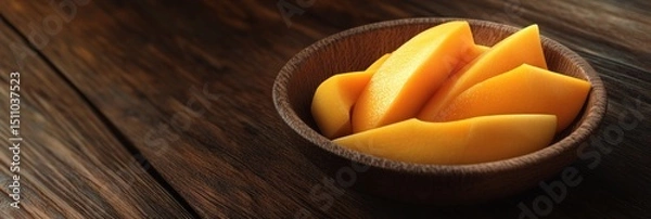 Fototapeta Wooden bowl filled with juicy mango slices resting on rustic wood surface