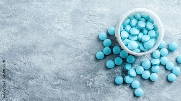 Fototapeta A white container spills colorful blue tablets onto a textured grey surface, representing health and wellness, along with the artistry of pharmaceutical design in everyday life.