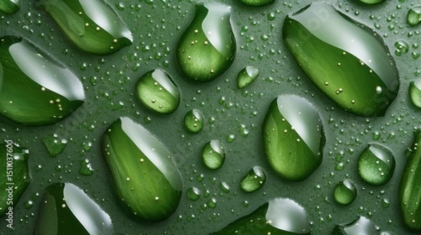 Fototapeta This image captures a fresh collection of green water droplets on a dark leafy background, symbolizing nature's beauty, vitality, and the rejuvenating power of fresh rain.