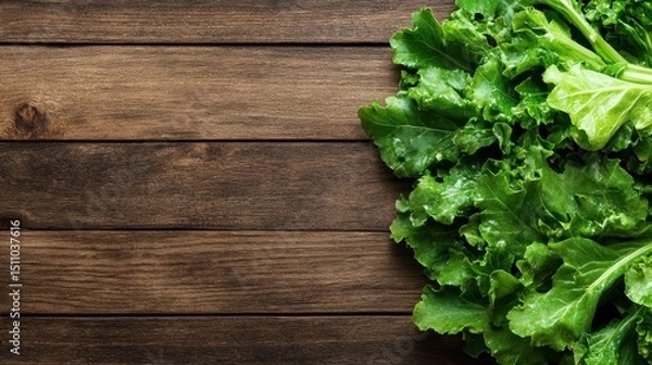 Fototapeta A vibrant bunch of fresh green lettuce laid on a rustic wooden surface, highlighting the contrast between the organic freshness of produce and the earthy textures of wood.