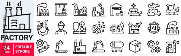 Fototapeta Factory web line icon set. Containing factory, eco factory, industrial robot, recycling plant. Editable stroke. Vector illustration