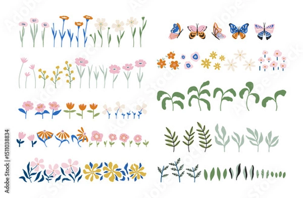 Obraz Huge set of hand drawn vector blooming flowers, leaves and branches isolated on white. Whimsical botanical collection for summer designs and prints. Spring floral elements, flat vector illustration
