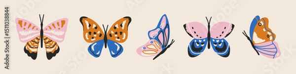 Obraz Hand drawn vector set of whimsical butterflies isolated on white. Cute charming different butterflies collection for summer design, prints and posters. Abstract insect illustration. Flat vector art