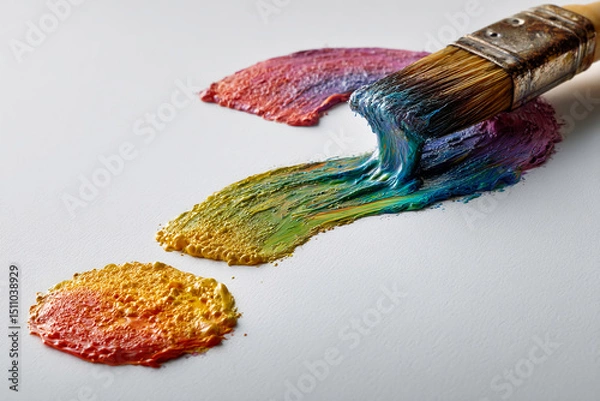 Fototapeta Paintbrush creating a question mark with colorful strokes on white canvas, showcasing creativity, uncertainty, and artistic process