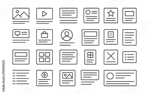 Fototapeta Line style icons of content cards and blocks: image card, video card, text block, card with icon, feature card, testimonial card, product card, team member card, article preview, blog tile, card with