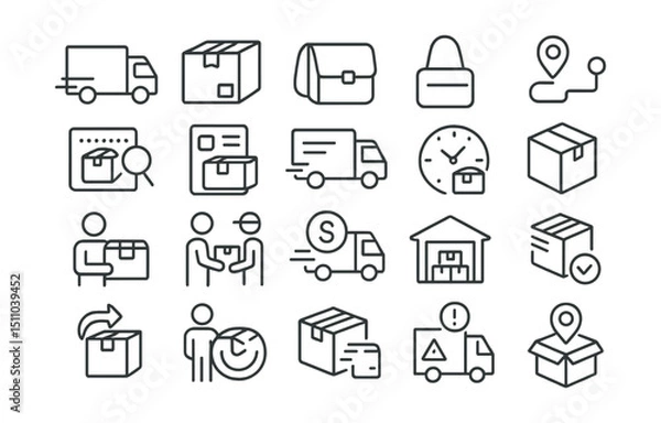Fototapeta Line style icons of delivery and logistics: delivery truck, shipping box, courier bag, delivery route, tracking number, shipping label, order dispatched, order received, express shipping, local