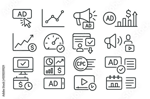 Fototapeta Line style icons of digital ads performance: CTR icon, impressions graph, ad reach, ad spend icon, ROI chart, engagement meter, conversion stat, frequency icon, ad delivery status, campaign overview,