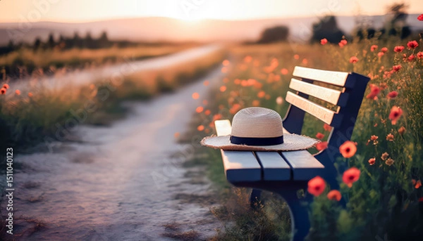 Obraz A wooden bench with a straw hat on it sits along a path that leads into the distance through a field of red poppies against a sunset backdrop.