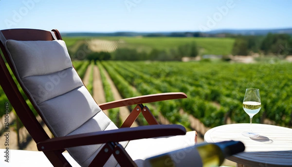 Obraz A comfortable chair with cushions and a glass of white wine on a table against the backdrop of rows of green grape vines under a blue sky.