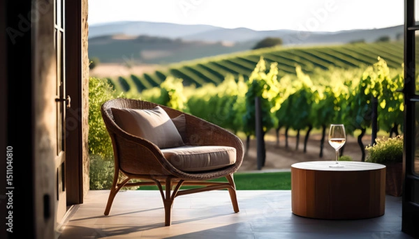 Obraz A wicker chair with a soft cushion sits on the terrace overlooking the green rows of a vineyard that stretch to the hills on the horizon. A glass of drink sits on a small table nearby.