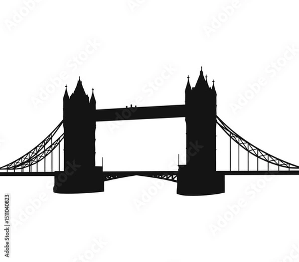 Obraz High-contrast vector silhouette of the London Tower Bridge with reflection in water, isolated style with white background