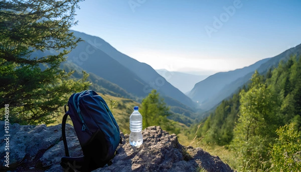 Obraz A backpack and a bottle of water lie on a rock against a mountain landscape with forests and a blue sky. A partial silhouette of a tree is visible on the left.
