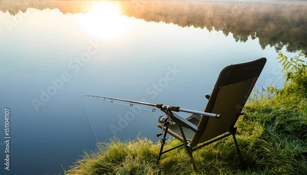 Obraz A fishing chair and rod stand on the shore of a calm lake at dawn. A light mist hangs over the water, the sun barely rising above the horizon, illuminating the shore.
