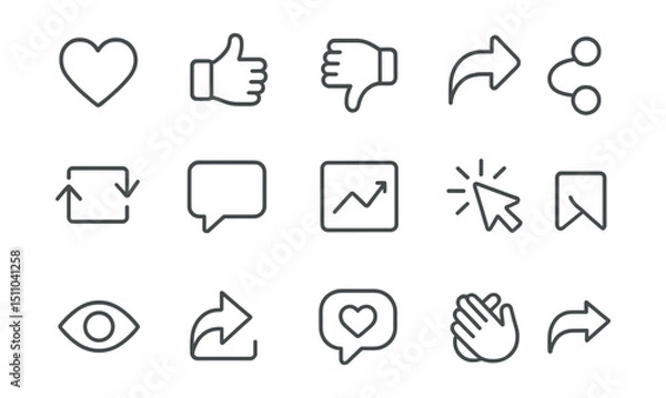 Obraz Line style icons of engagement and reactions: heart icon, like button, dislike icon, emoji react, share icon, repost icon, comment icon, bookmark icon, engagement rate, click through icon, view count