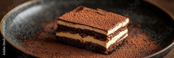 Fototapeta Elegant chocolate layered cake slice on textured plate with dusting cocoa