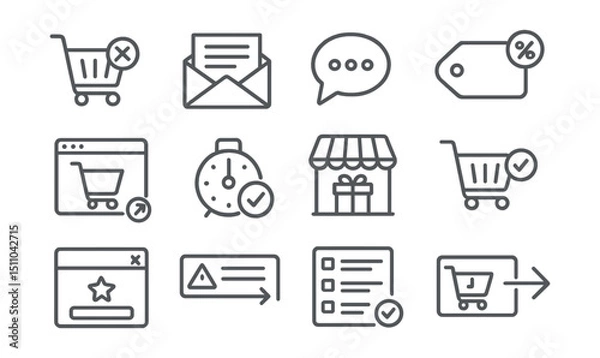Fototapeta Line style icons of abandoned cart recovery: abandoned cart icon, reminder email, recovery message, discount to return, retargeting ad, cart item saved, cart recovery timer, follow-up offer, cart