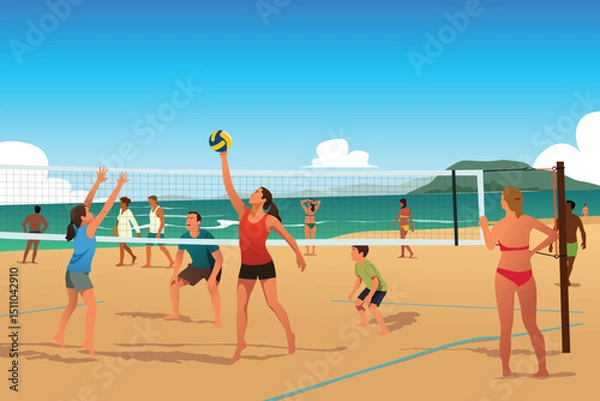 Obraz Family Playing Beach Volleyball in the Summer Vector Illustration