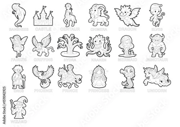 Obraz Fictional Fantasy Characters Cartoon Outline Black and White Vector Illustration