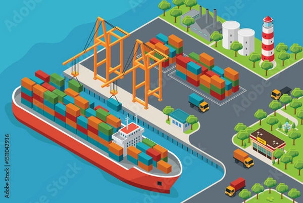 Obraz Isometric Containers Cargo Ship at the Harbor Vector Illustration