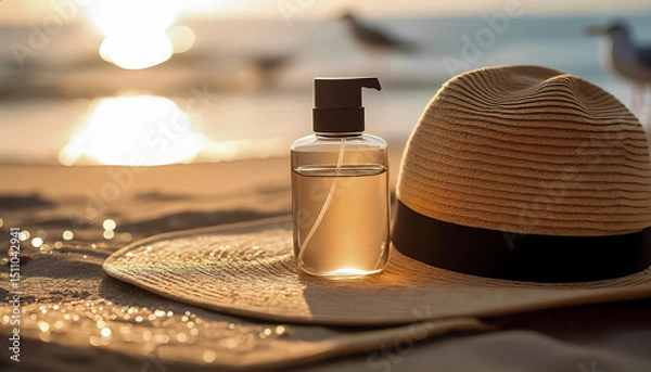 Obraz A clear bottle of sunscreen spray sits on a straw hat with a black ribbon on a sandy beach. The sea, the setting sun and silhouettes of seagulls are visible in the blurred background.