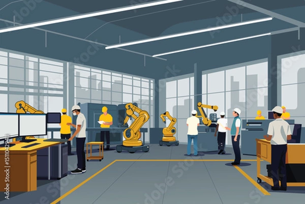 Obraz Modern Manufacturing with Mix of People and Robots Vector Illustration
