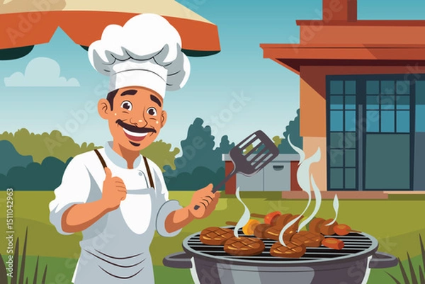 Obraz Barbeque Chef Grilling Steak Vector Illustration