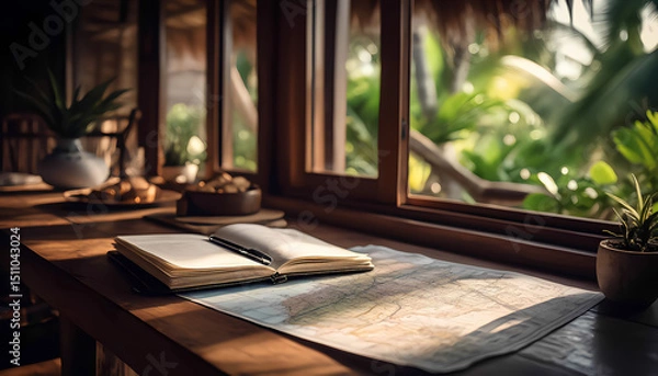 Obraz An open book and a map lie on a wooden table by a window overlooking lush tropical greenery. Soft light filters through the window frames.