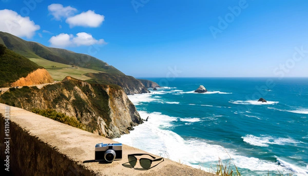 Obraz An antique camera and sunglasses sit on a parapet overlooking the rocky Pacific Ocean shore, a winding coastal road and a blue sky with clouds.
