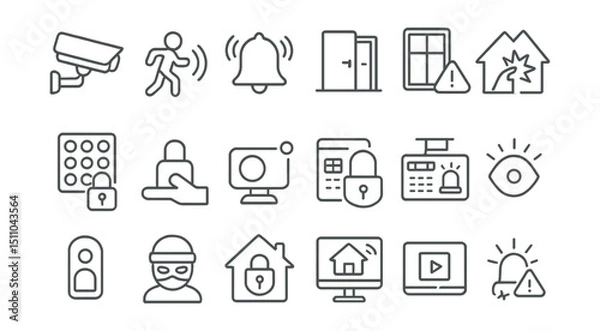 Fototapeta Line style icons of smart home security: surveillance camera, motion alert, smart alarm, door sensor, window sensor, break-in alert, security code, emergency button, camera recording, alarm system,