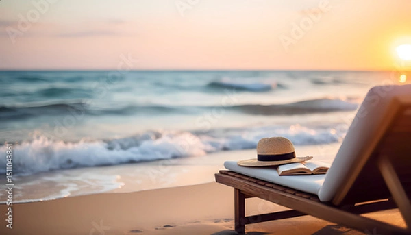 Obraz A wooden chaise lounge with a white mattress stands on a sandy beach. An open book and a straw hat with a black ribbon lie on it. In the background is the sea and the sunset sky in soft orange and pin