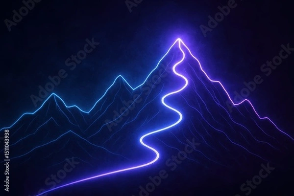 Fototapeta Abstract digital landscape of a glowing neon mountain range with a luminous path leading to the summit symbolizing the journey to success and achieving business goals.