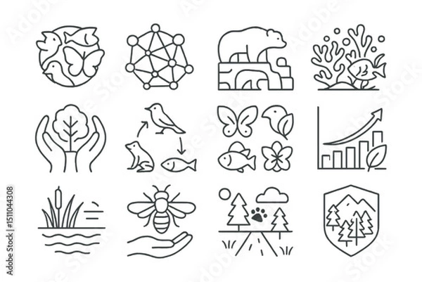 Fototapeta Line style icons of biodiversity and ecosystems: species icon, ecosystem web, keystone species, coral reef icon, habitat protection, food chain icon, species diversity, biodiversity graph, wetland