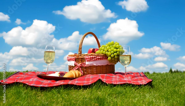 Obraz A picnic basket with fruits, two glasses with drinks and a plate with snacks are laid out on a red checkered blanket on green grass under a blue sky with white clouds.
