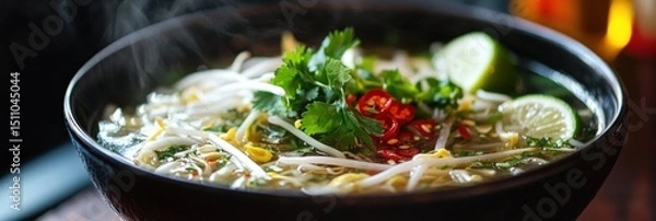 Fototapeta Aromatic delight: Close-up view of steaming pho with fresh herbs and spices
