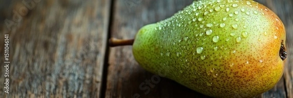 Fototapeta Fresh pear with glistening water droplets resting on rustic wooden planks surface