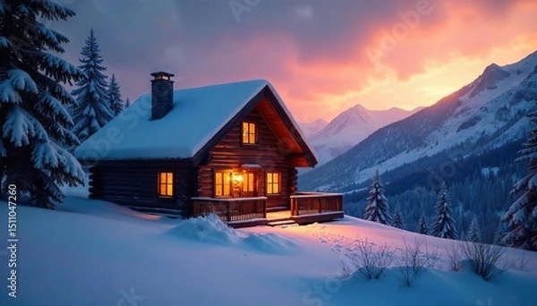 Fototapeta A cozy cabin nestled in a snowy landscape, emitting warm light against the twilight Perfect for winter wonderland, holiday, and hygge themes , tranquil, cedar, fir