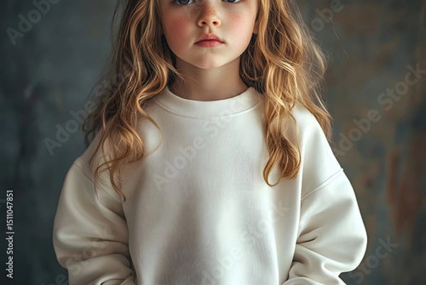 Fototapeta Mockup of child in plain white oversized crewneck sweatshirt