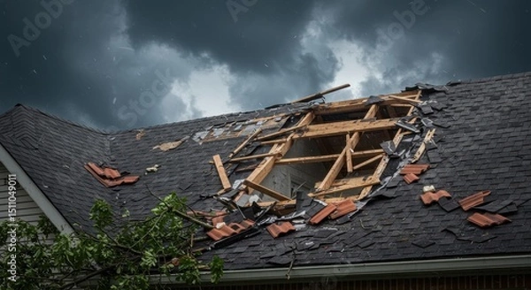 Obraz Heavy storm has caused significant damage to the roof of a house, exposing the interior