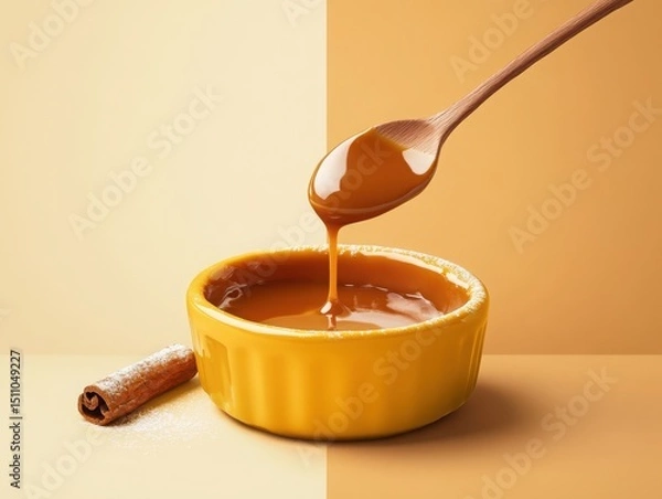 Fototapeta Creamy caramel sauce being drizzled from a spoon in a bowl
