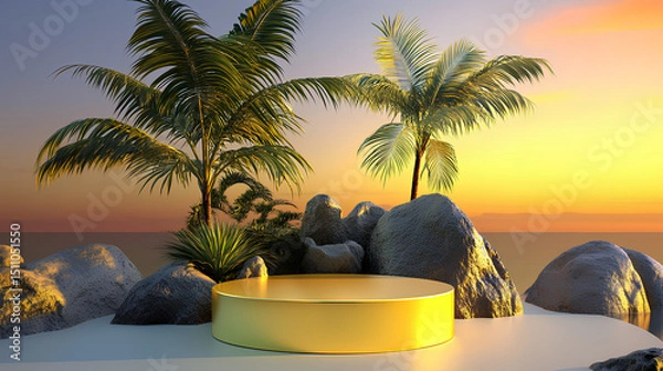 Fototapeta Golden Product Display Podium on Tropical Beach at Sunset