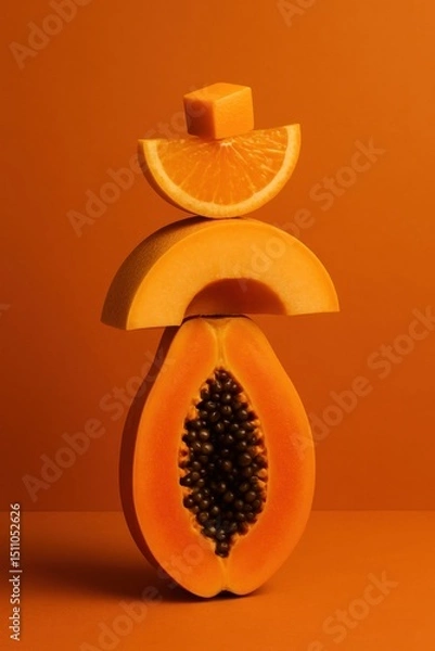 Fototapeta Tropical fruits and orange food composition with papaya, orange slices, melon, mango, pumpkin, and cheese cubes stacked vertically. Studio still life photography