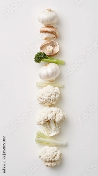 Fototapeta Garlic, mushrooms, broccolini, celery stalks and cauliflower arranged in vertical line on white background. Studio food monochrome color photography. Raw ingredients and healthy vegetable concept. 
