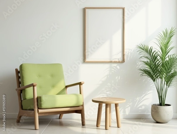 Fototapeta Bright interior corner with pistachio-colored chair and light wooden coffee table, minimalist wall art, green plant in ceramic pot.

