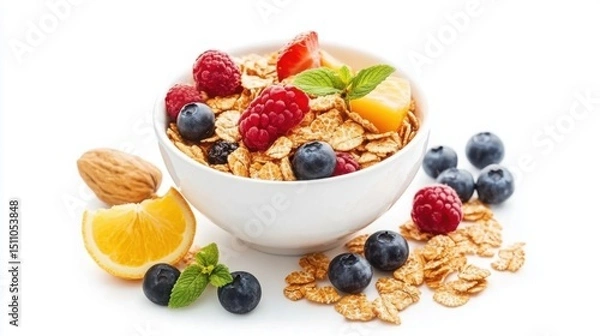 Obraz Golden Start: Healthy Cornflakes Breakfast Isolated on White

