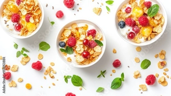 Obraz Golden Start: Healthy Cornflakes Breakfast Isolated on White

