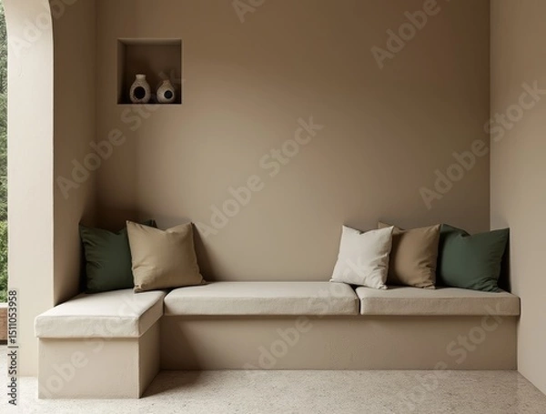 Obraz Interior nook with concrete bench, cushions in Desert Beige and Moss Green, terrazzo floor, accent ceramics in a niche, soft light.