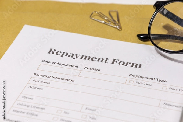 Fototapeta Repayment Form Paper on Desk – Business Concept of Loan Management and Financial Planning

